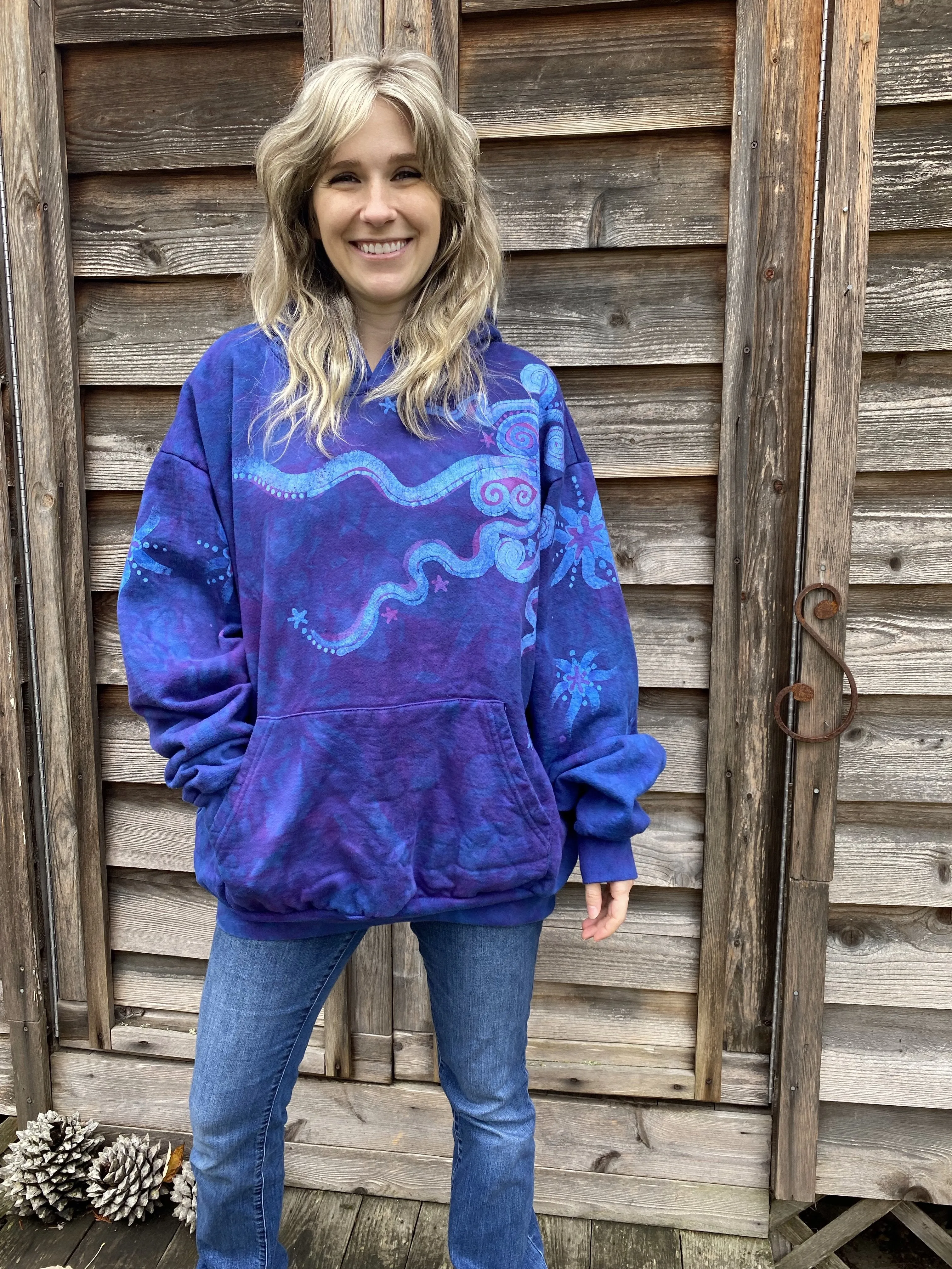 Blue Moonlight Cascade - Handcrafted Batik Pullover Hoodie