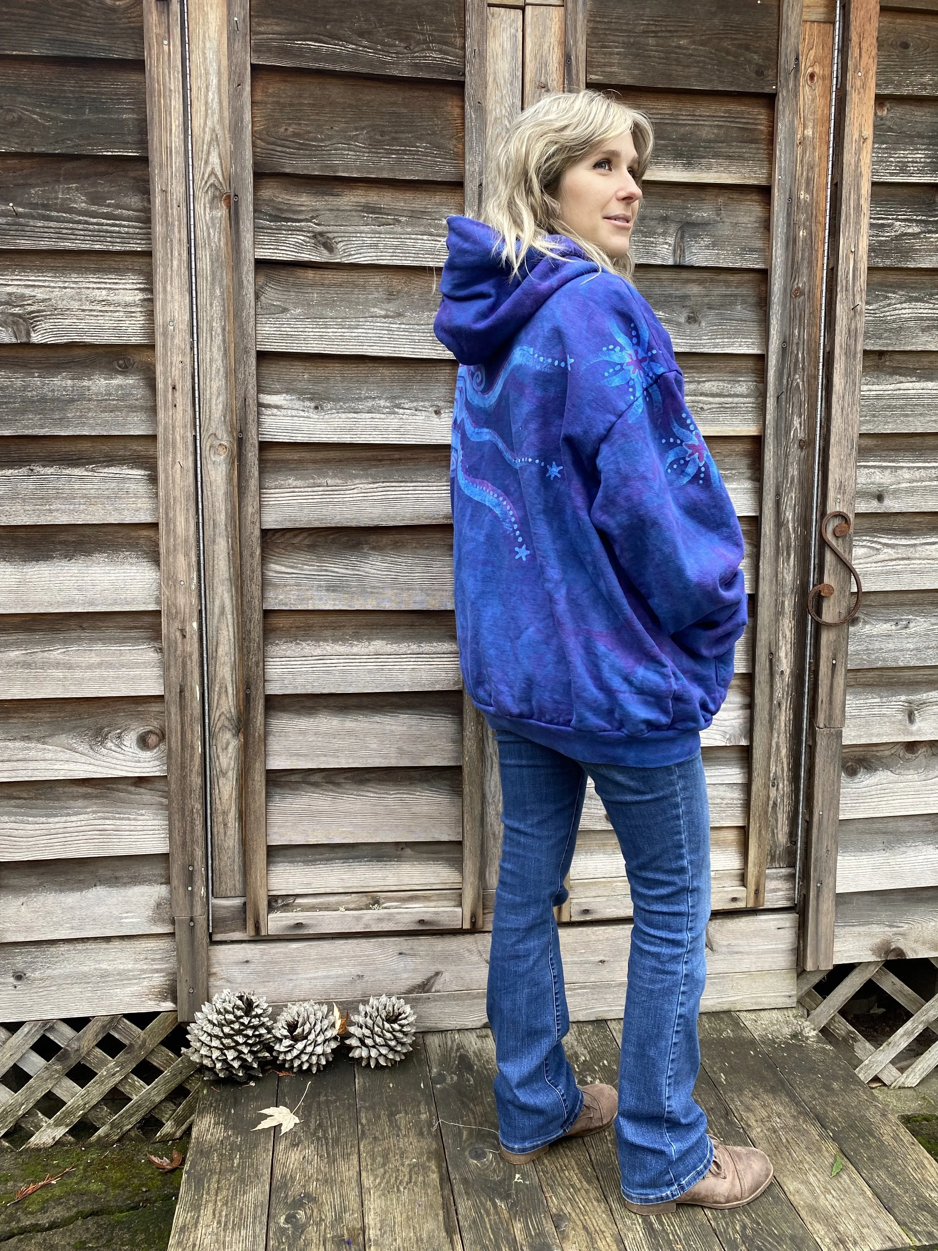 Blue Moonlight Cascade - Handcrafted Batik Pullover Hoodie