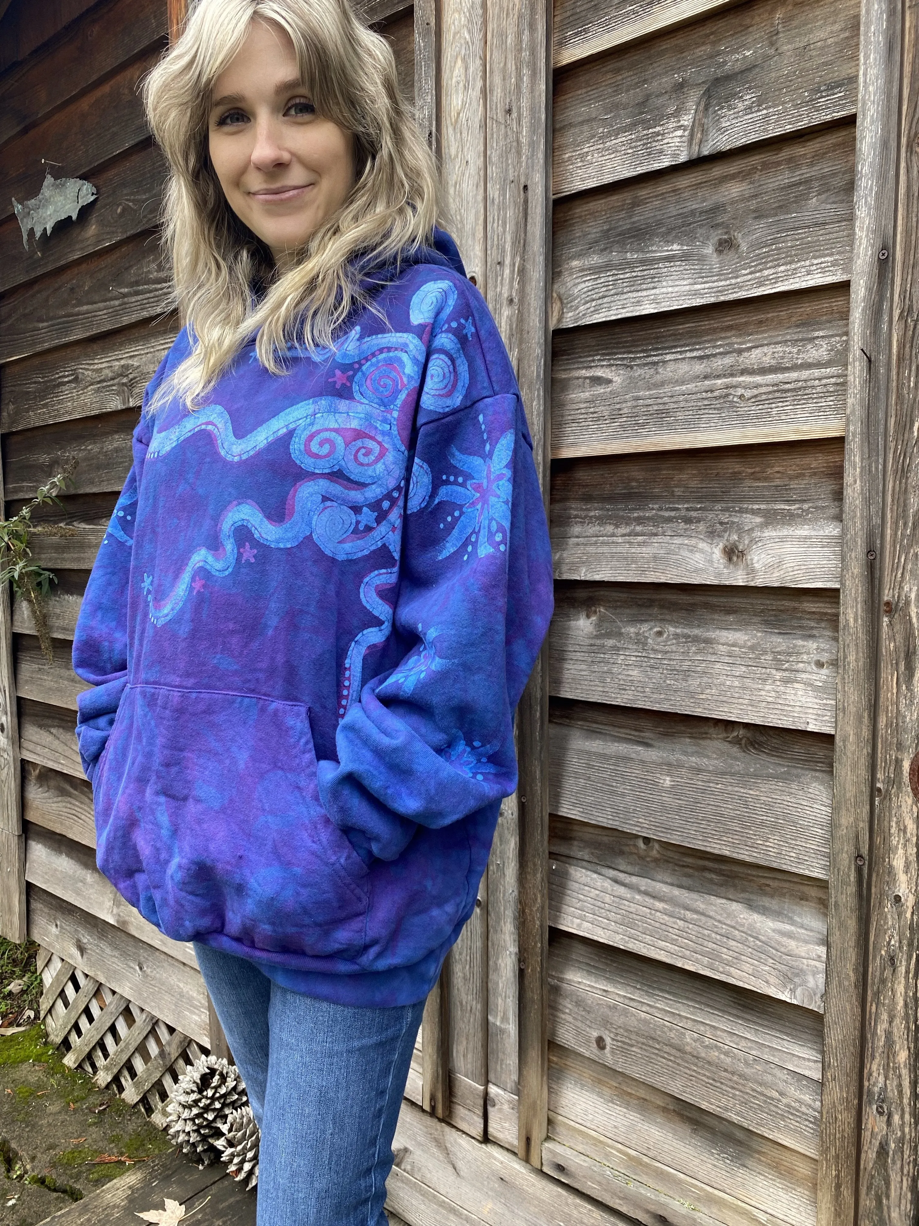 Blue Moonlight Cascade - Handcrafted Batik Pullover Hoodie