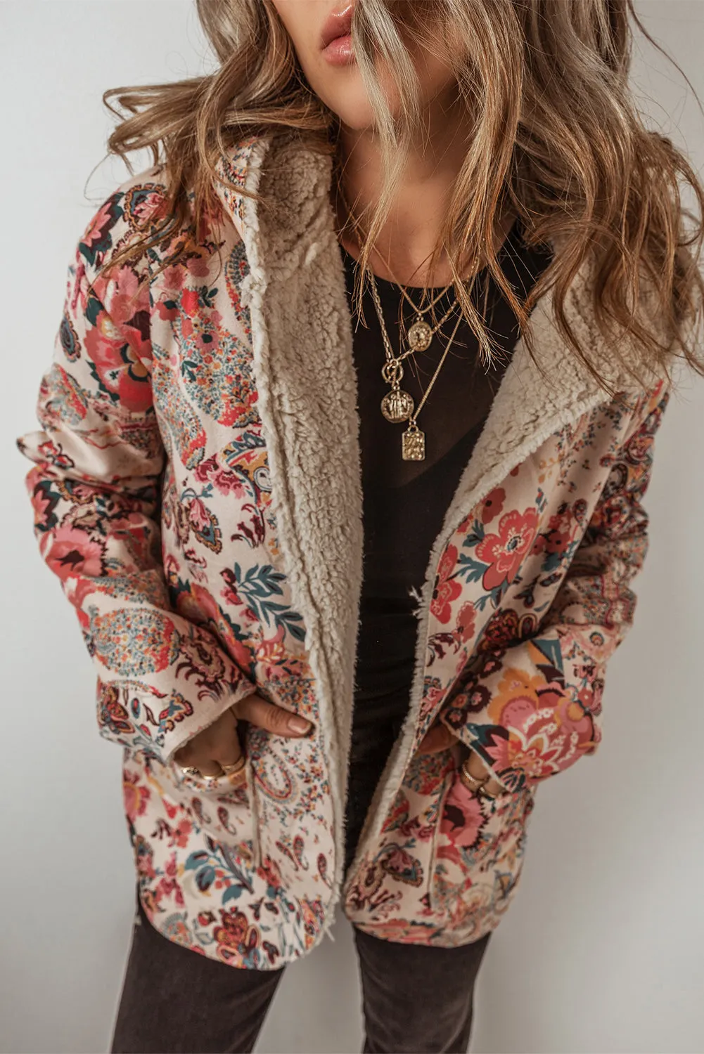 Blue Zone Planet |  Beige Vintage Paisley Floral Printed Sherpa Lined Hooded Jacket