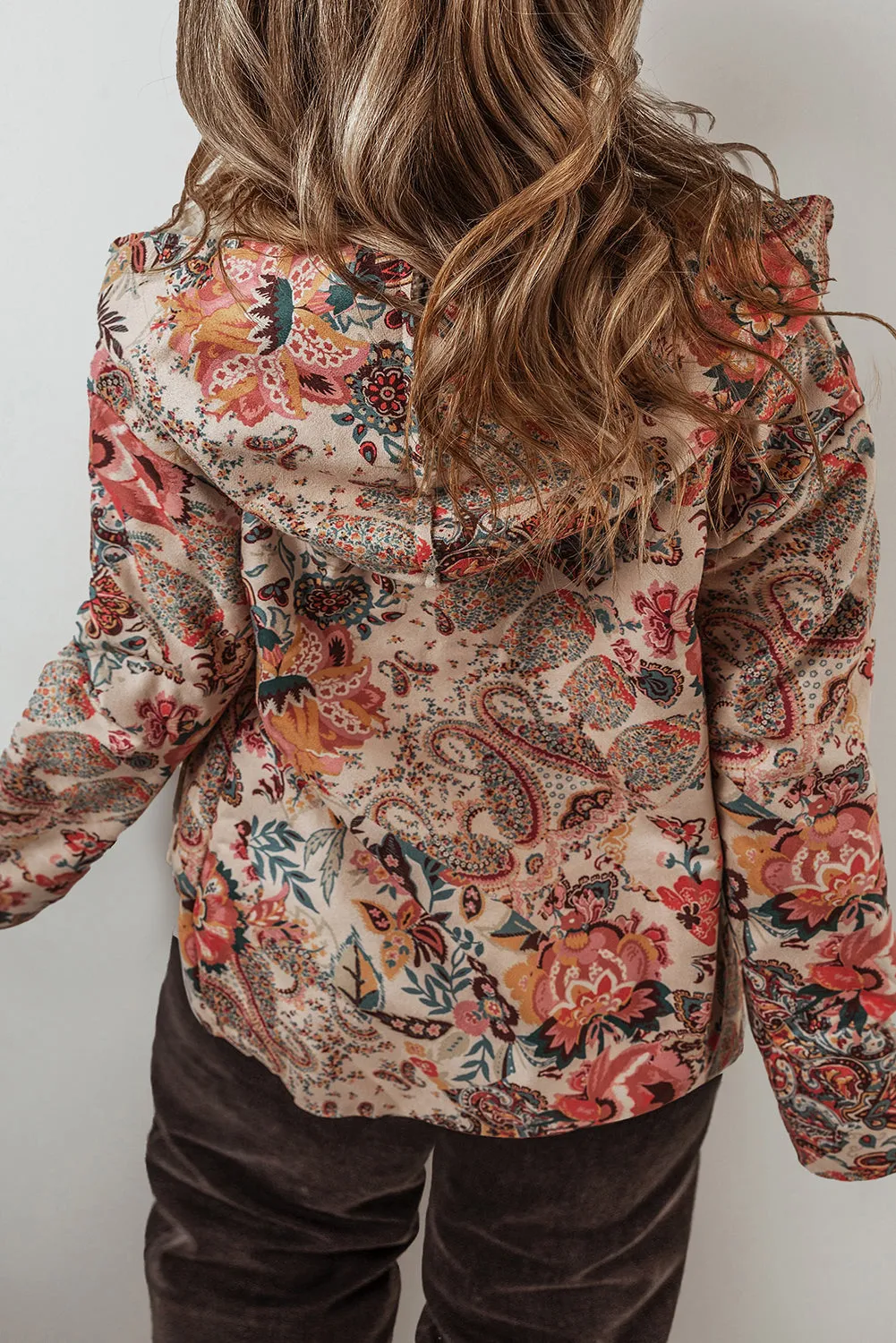 Blue Zone Planet |  Beige Vintage Paisley Floral Printed Sherpa Lined Hooded Jacket