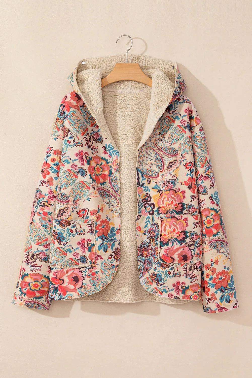 Blue Zone Planet |  Beige Vintage Paisley Floral Printed Sherpa Lined Hooded Jacket