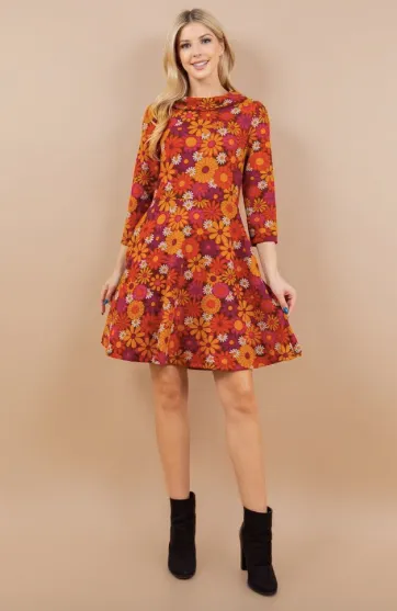 Boat Neck Daisy Print Sweater Dress