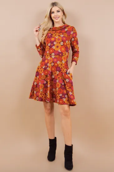 Boat Neck Daisy Print Sweater Dress