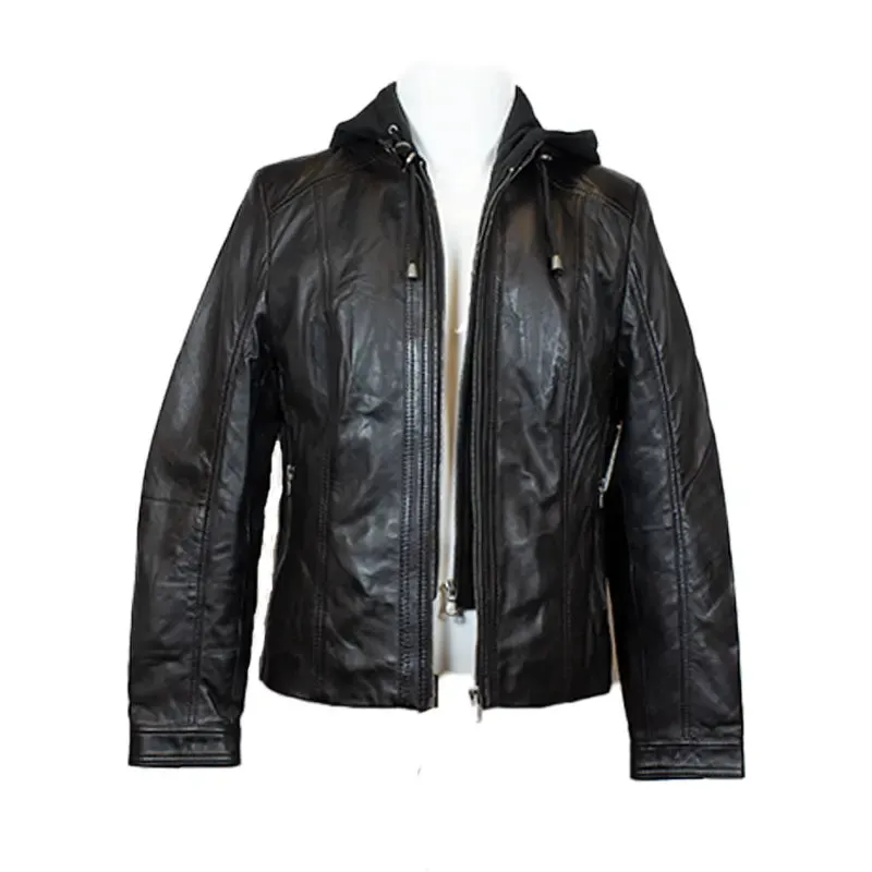 BOL Women's Detachable Hooded Leather Jacket