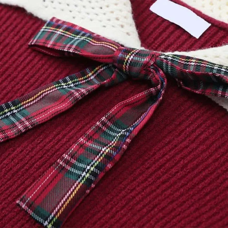 Bowknot Uniform Sweater Plaid Skirt Two Piece Set