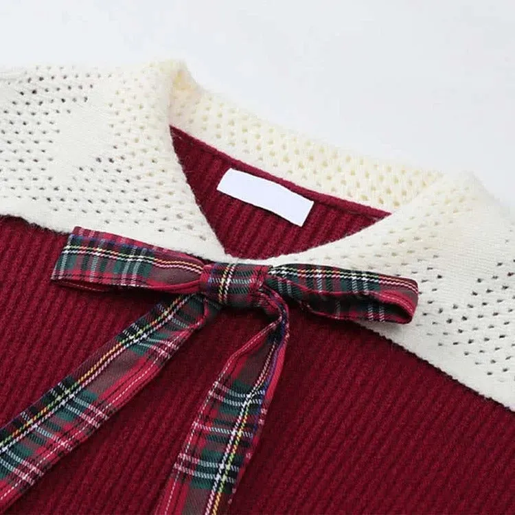 Bowknot Uniform Sweater Plaid Skirt Two Piece Set