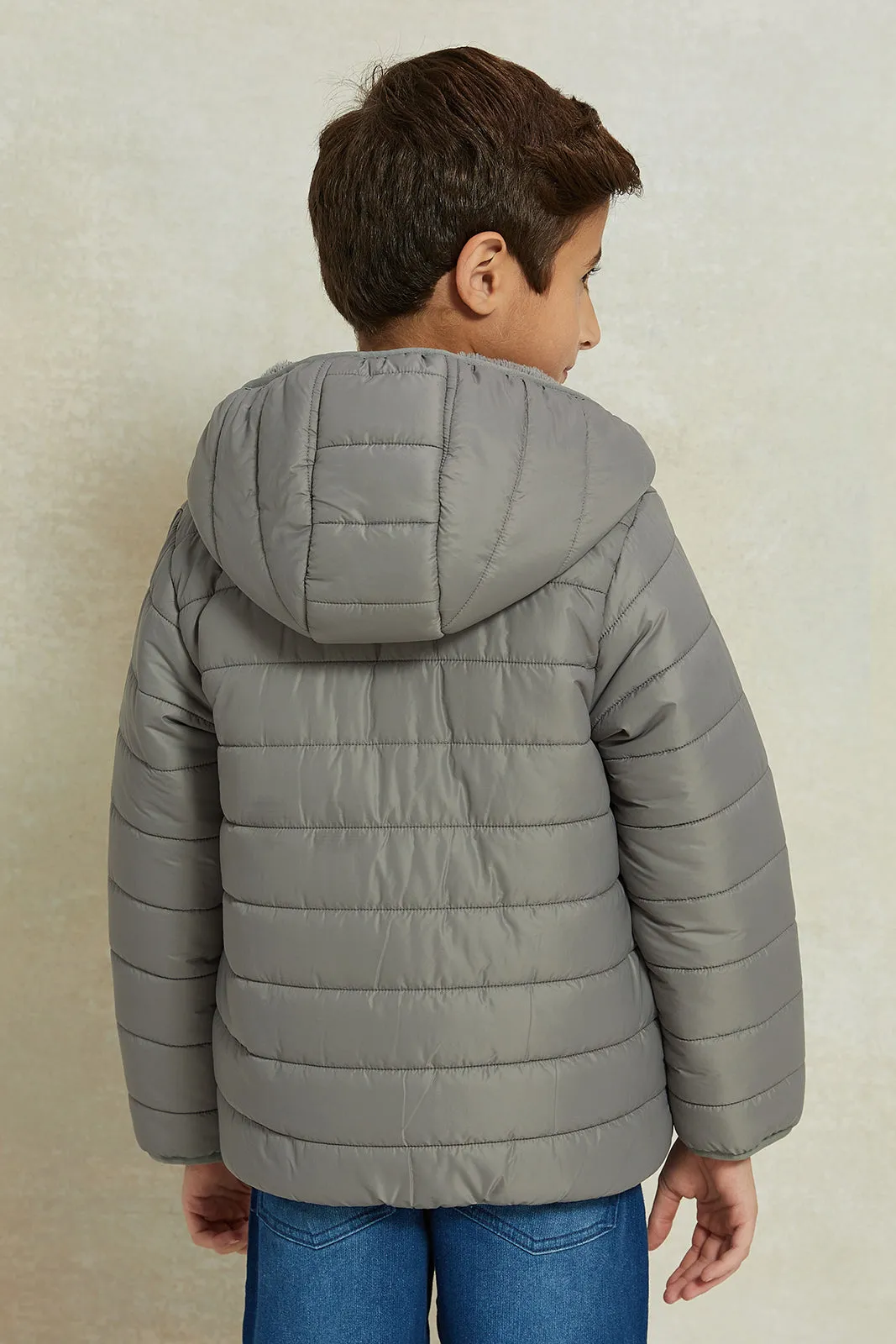 Boys Charcoal Puffer Jacket With Sherpa Lining