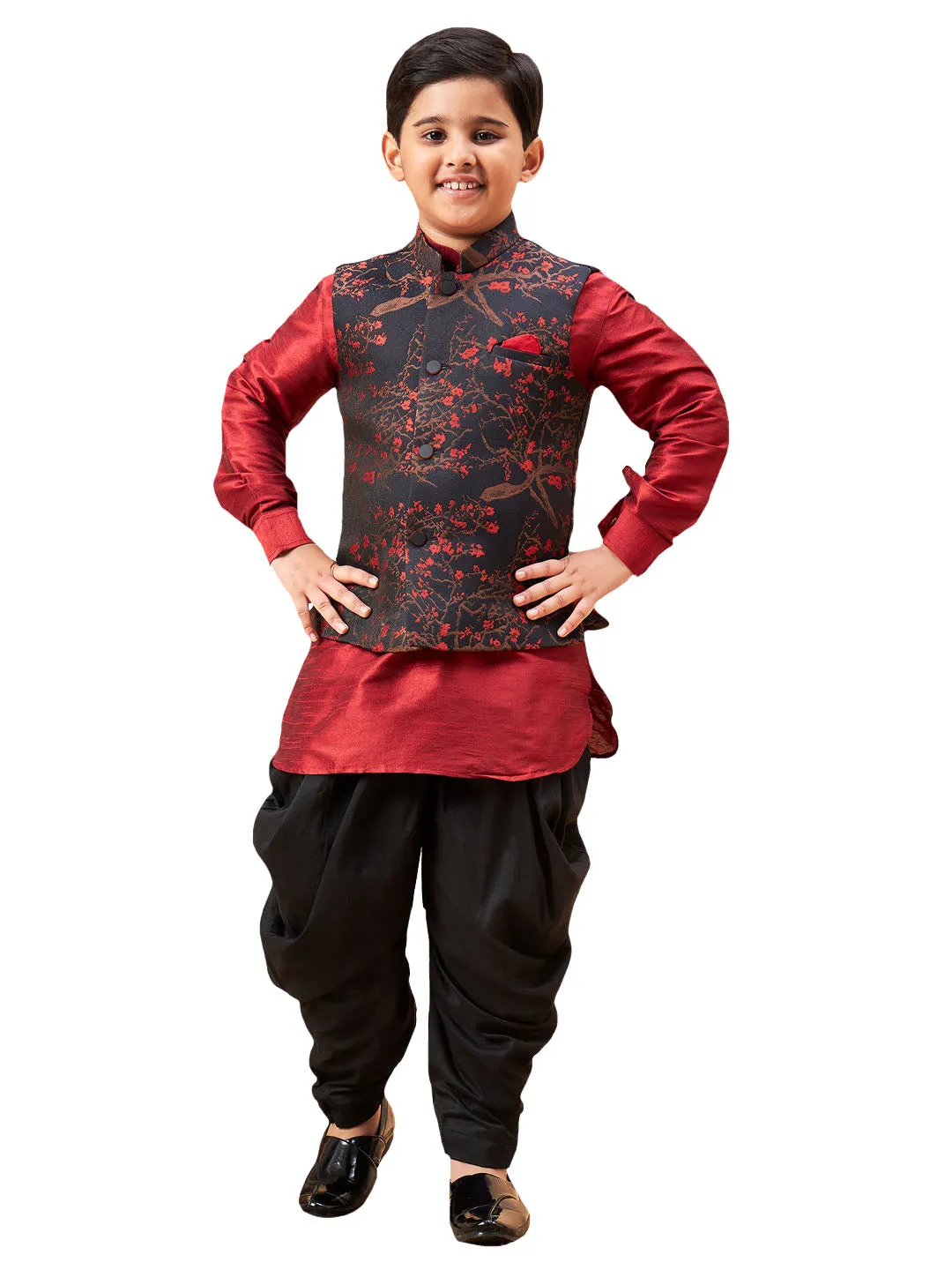 Boy's Maroon Jacket, Kurta And Dhoti Set - Vastramay Boys