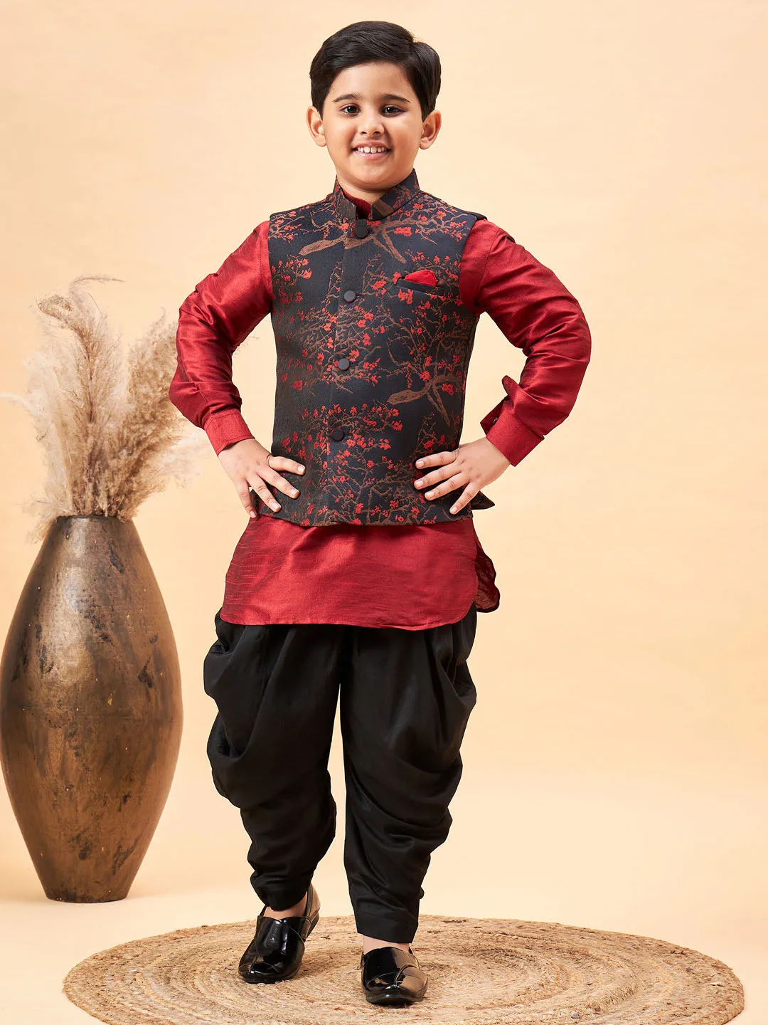 Boy's Maroon Jacket, Kurta And Dhoti Set - Vastramay Boys