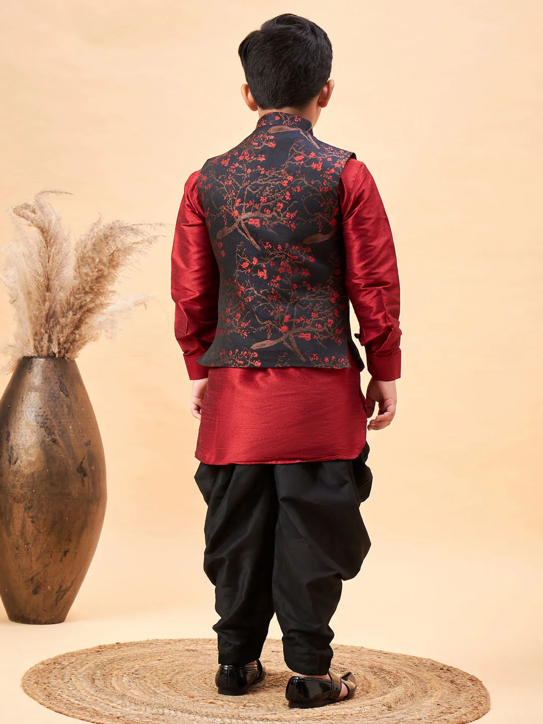 Boy's Maroon Jacket, Kurta And Dhoti Set - Vastramay Boys