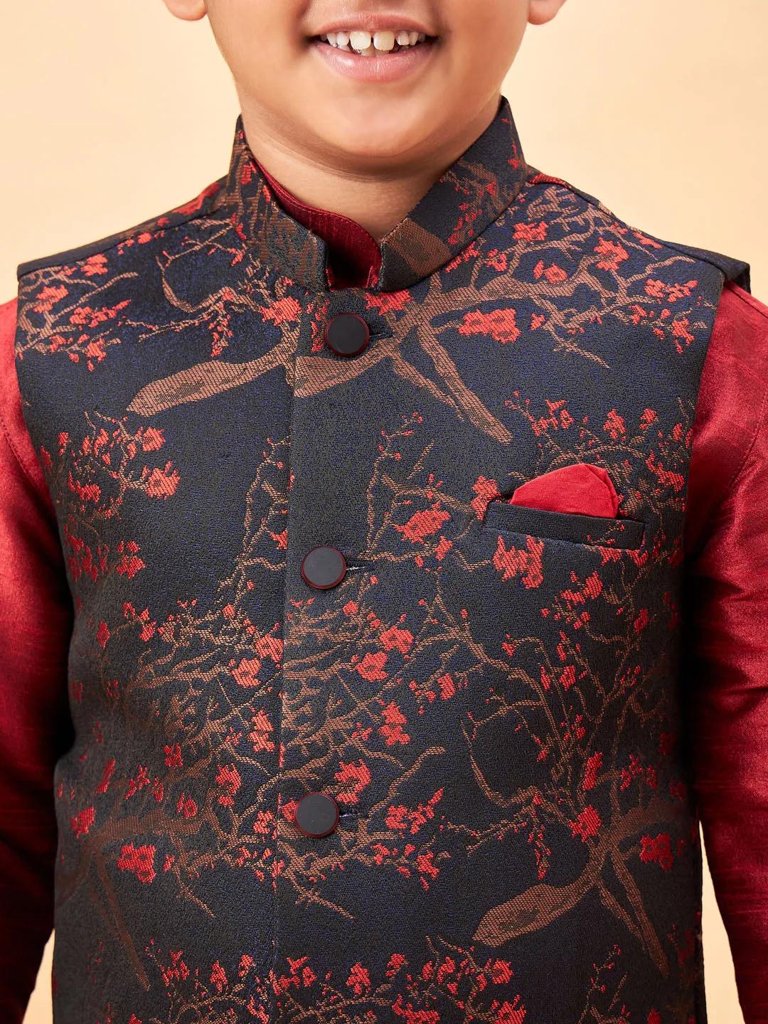 Boy's Maroon Jacket, Kurta And Dhoti Set - Vastramay Boys