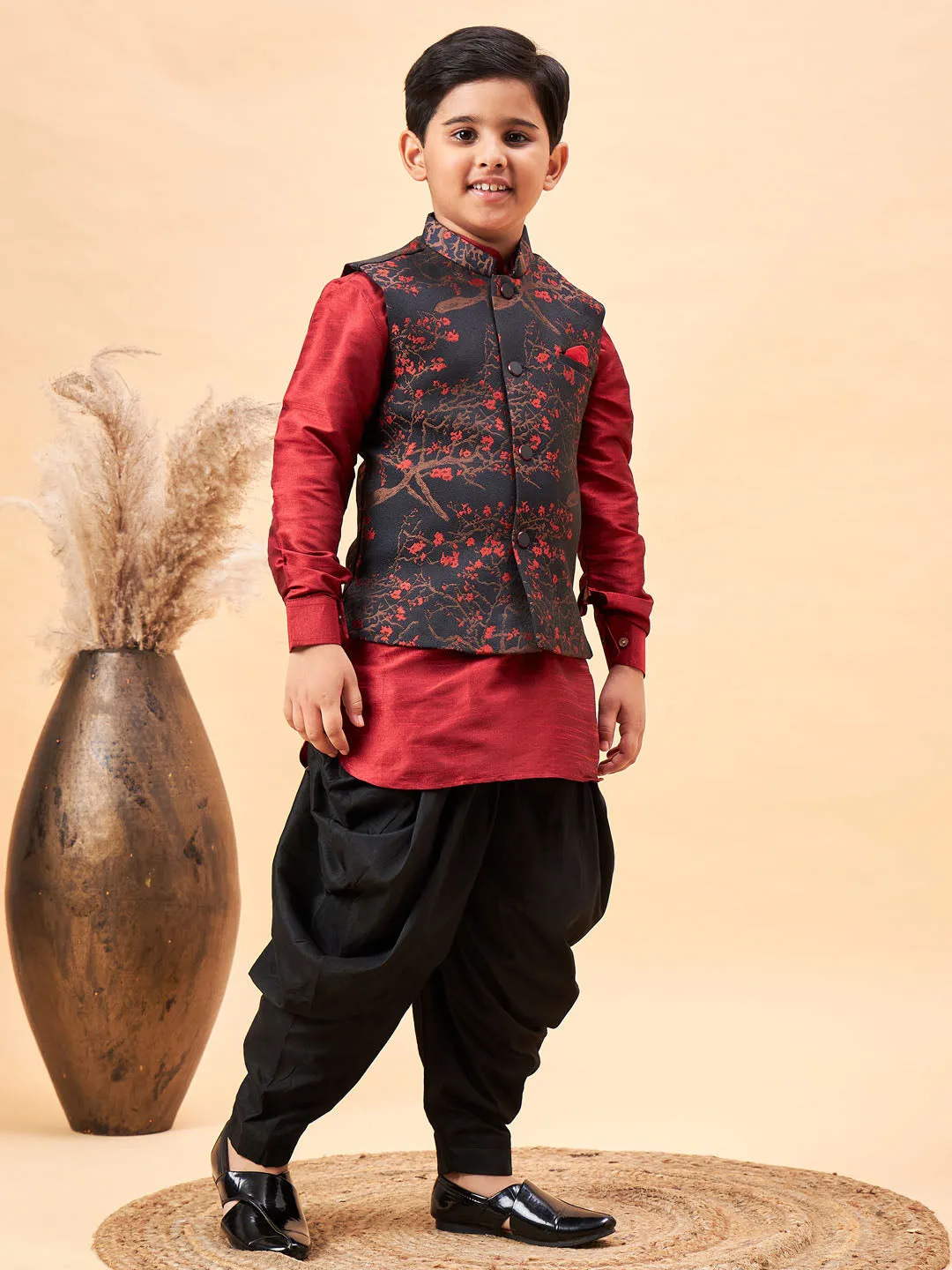 Boy's Maroon Jacket, Kurta And Dhoti Set - Vastramay Boys