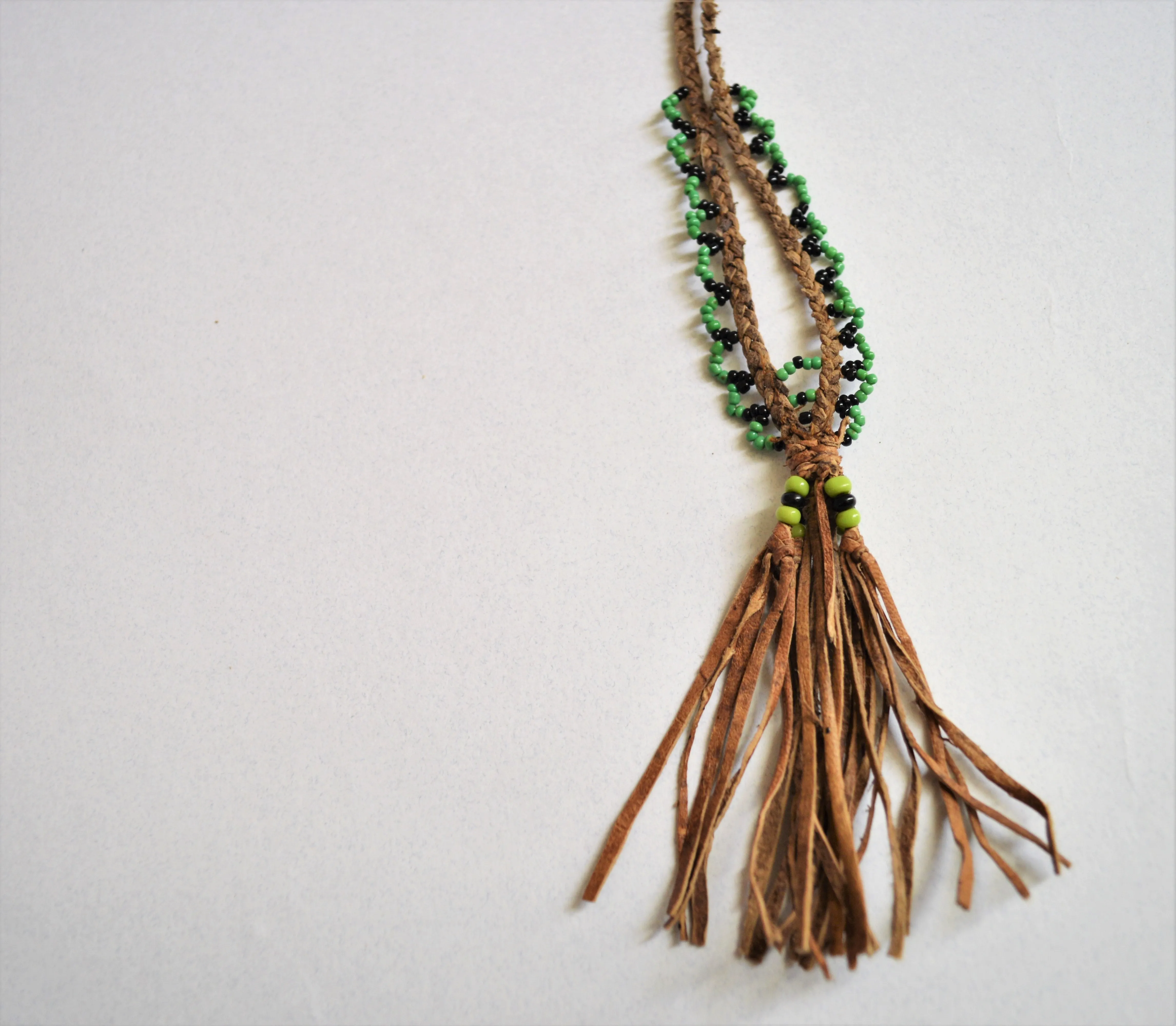 Braided leather necklace, Brown leather green beads, Bohemian tassel necklace