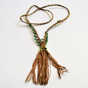 Braided leather necklace, Brown leather green beads, Bohemian tassel necklace