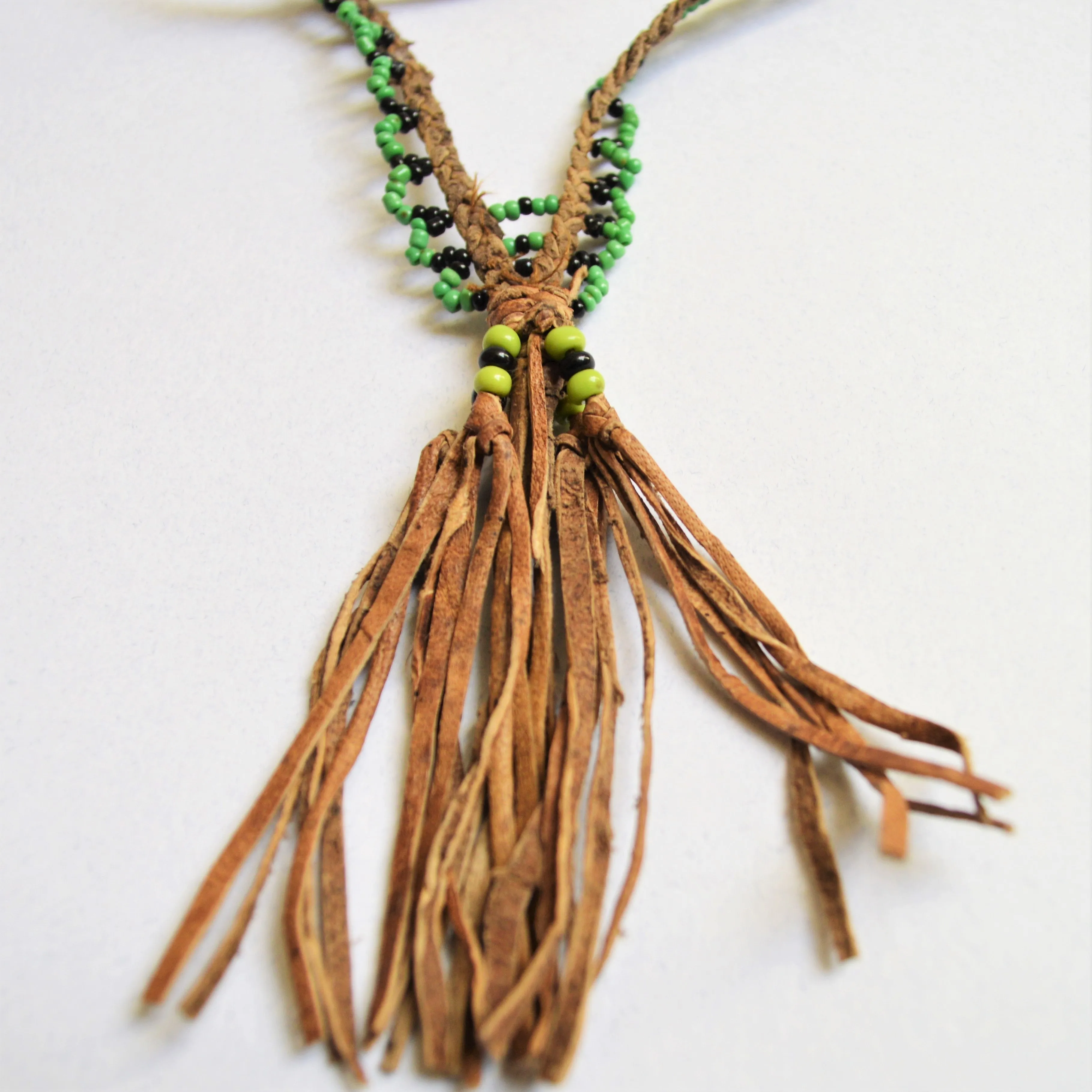 Braided leather necklace, Brown leather green beads, Bohemian tassel necklace