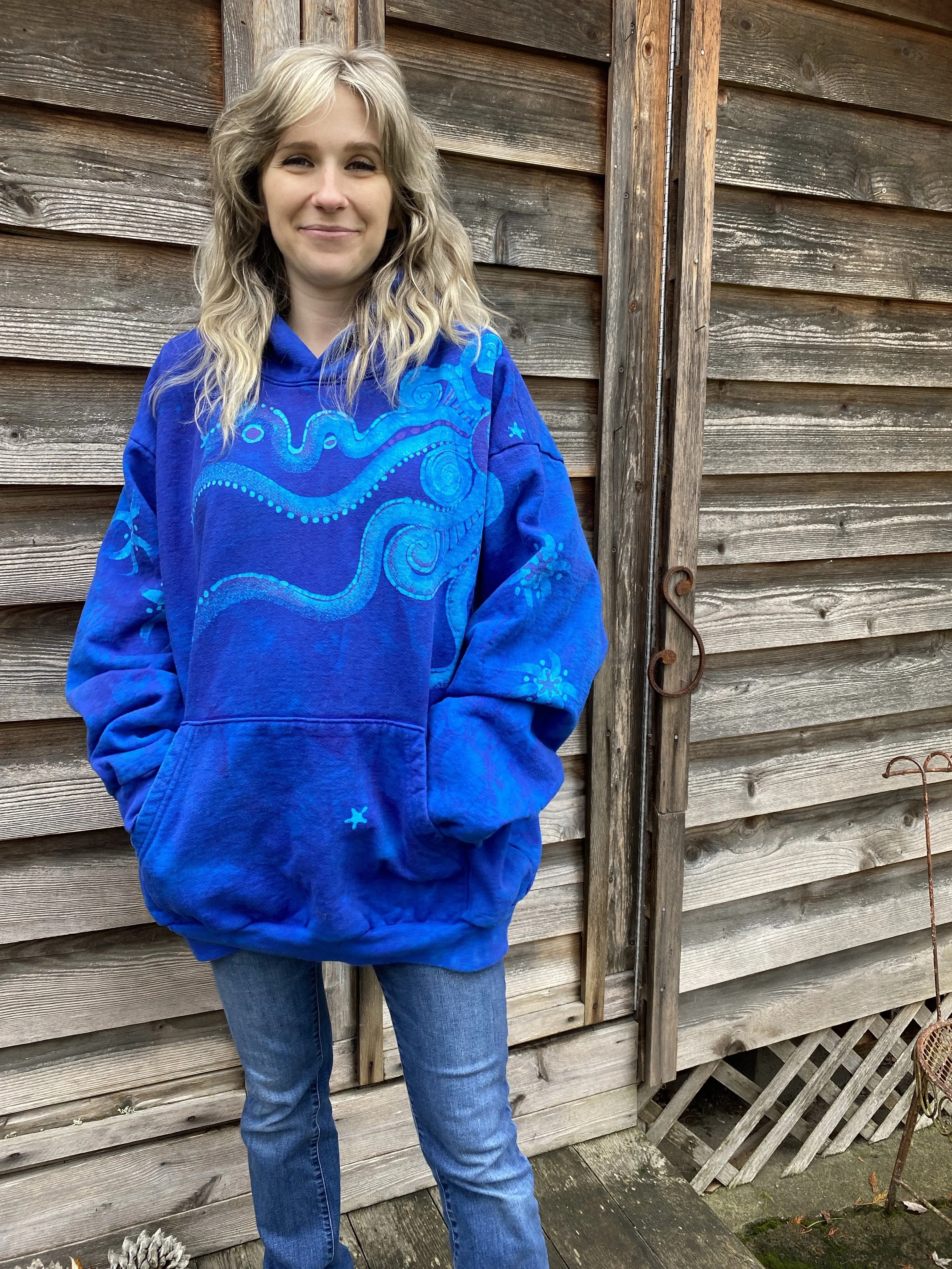 Bright Blue Moonlight Cascade Batik Pullover Hoodie - Size 2X