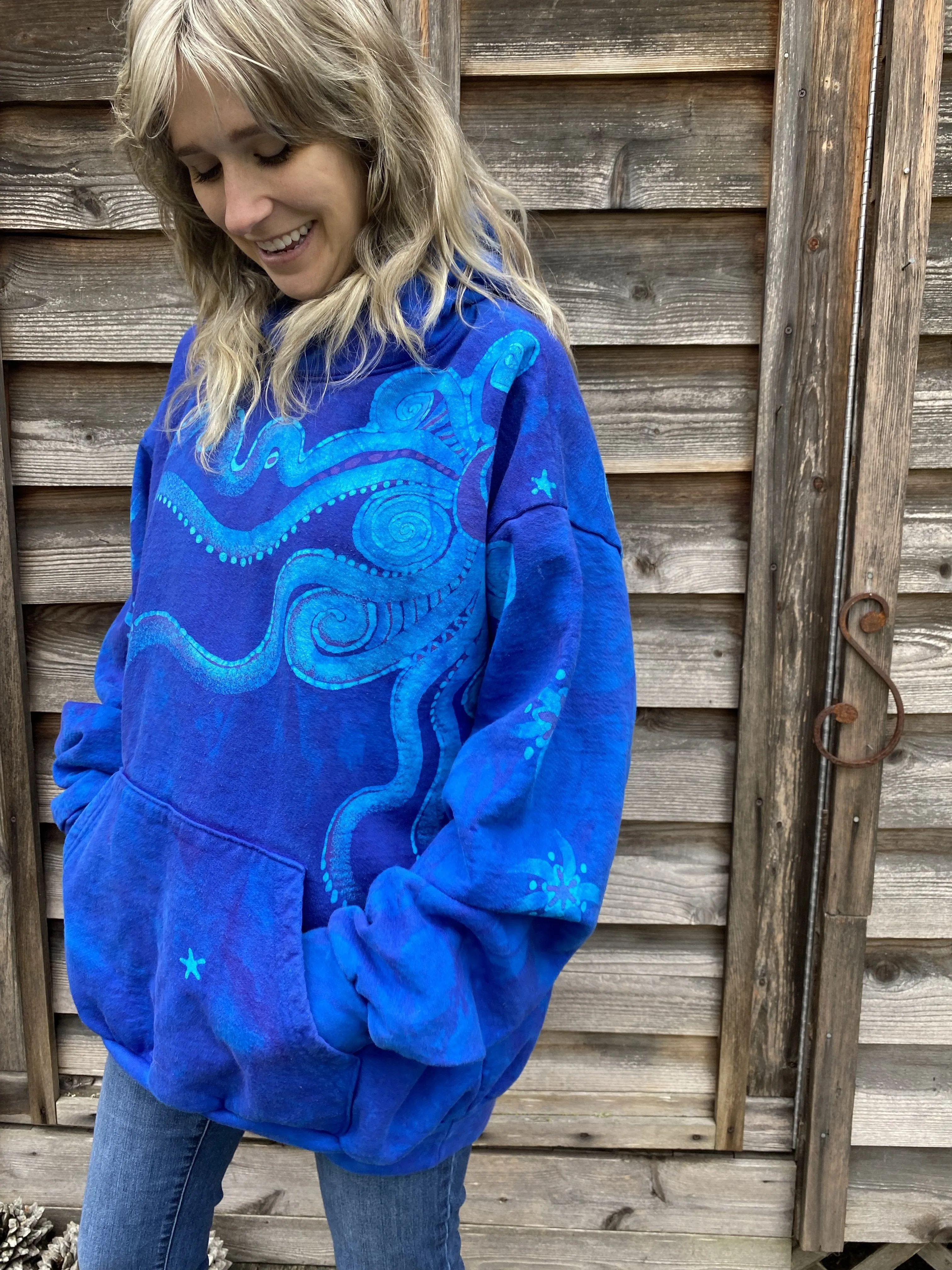 Bright Blue Moonlight Cascade Batik Pullover Hoodie - Size 2X