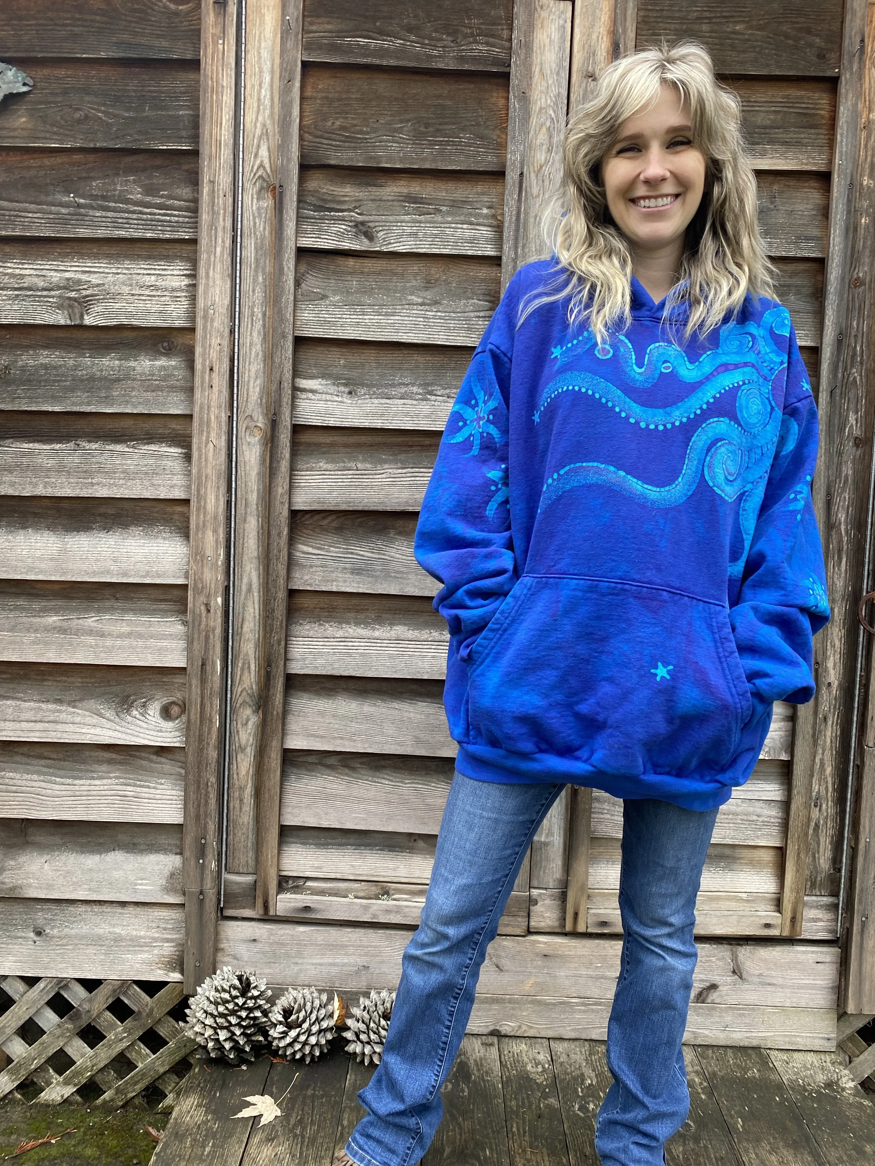 Bright Blue Moonlight Cascade Batik Pullover Hoodie - Size 2X