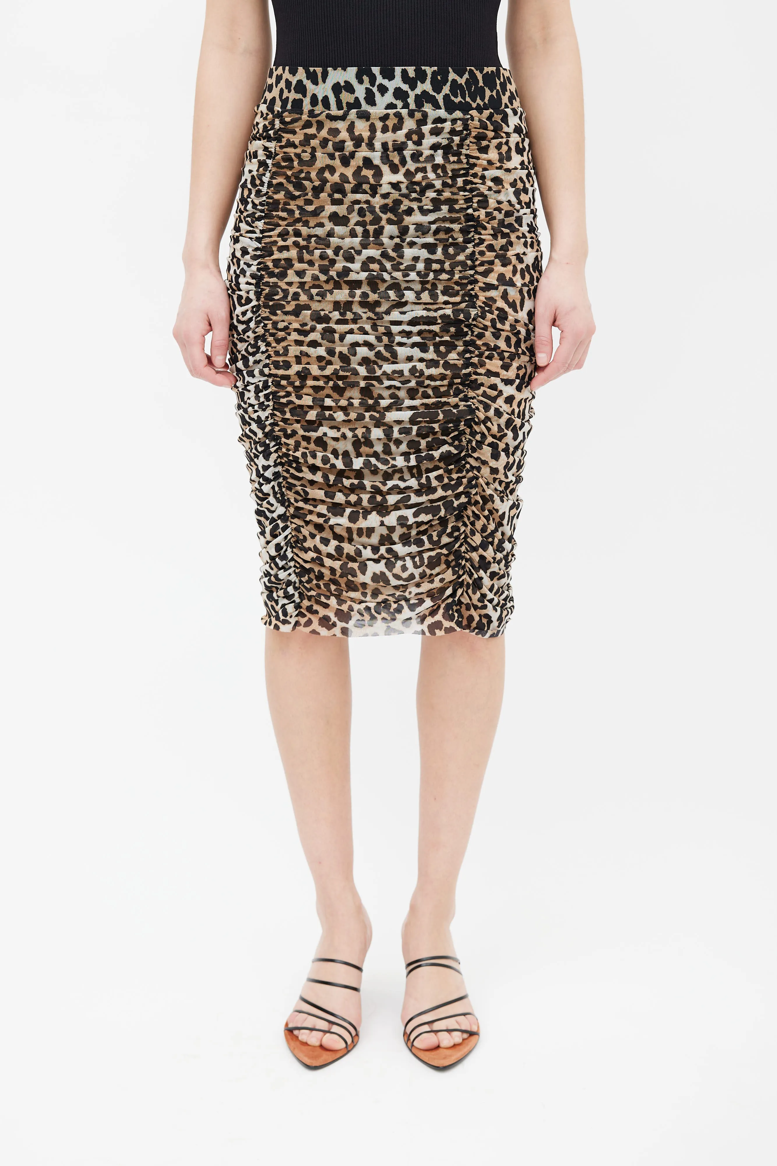 Brown & Black Printed Pattern Ruched Pencil Skirt