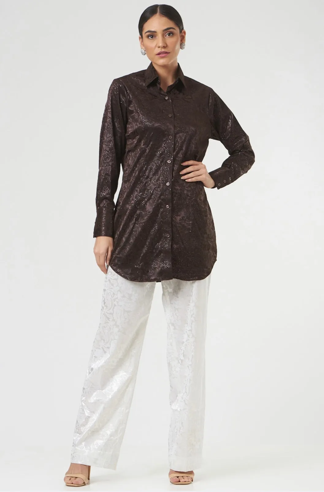 Brown shimmer long shirt for Women