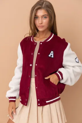 Burgundy Sherpa Baseball Bomber Jacket