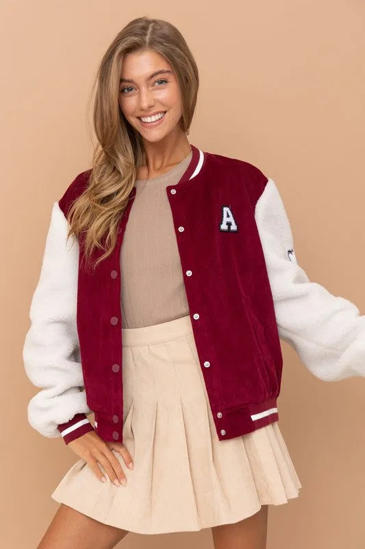 Burgundy Sherpa Baseball Bomber Jacket