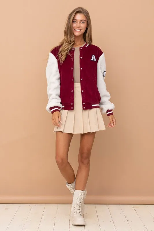 Burgundy Sherpa Baseball Bomber Jacket