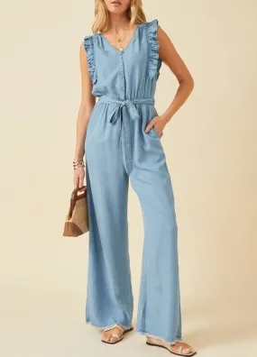 Button Down Ruffle Detail Wide Leg Jumpsuit