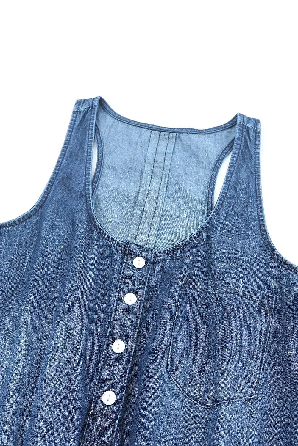 Buttoned Sleeveless Drawstring Waist Denim Romper