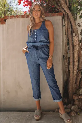 Buttoned Sleeveless Drawstring Waist Denim Romper