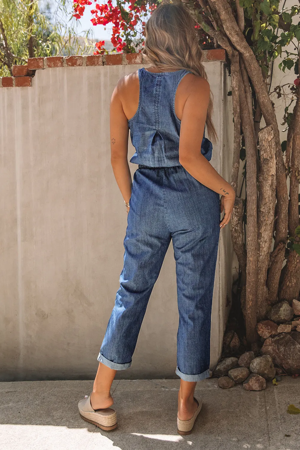 Buttoned Sleeveless Drawstring Waist Denim Romper