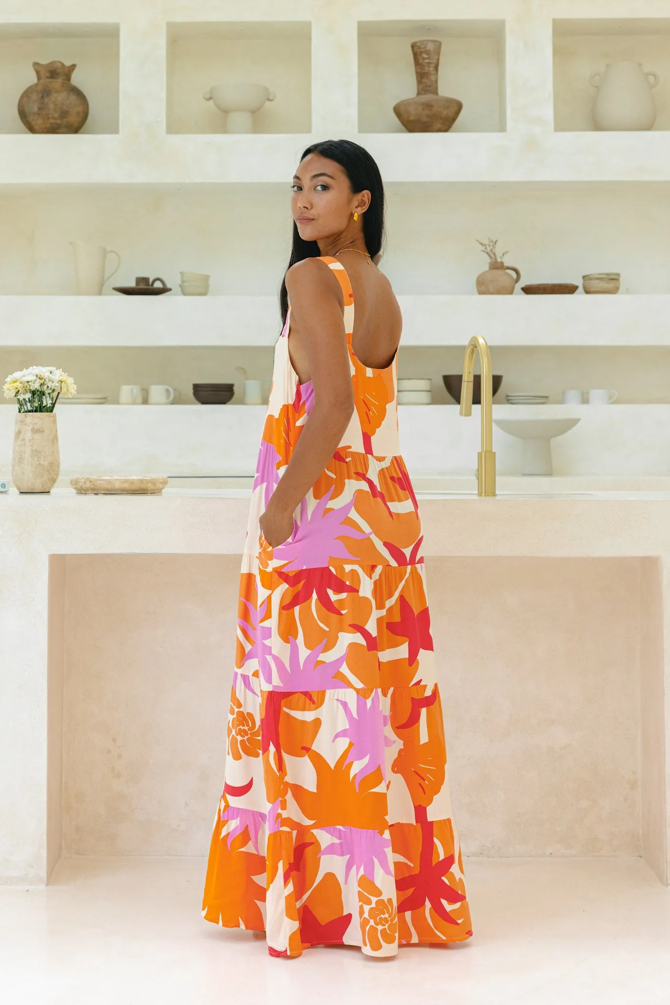 Calinda Orange Abstract Tiered Maxi Dress