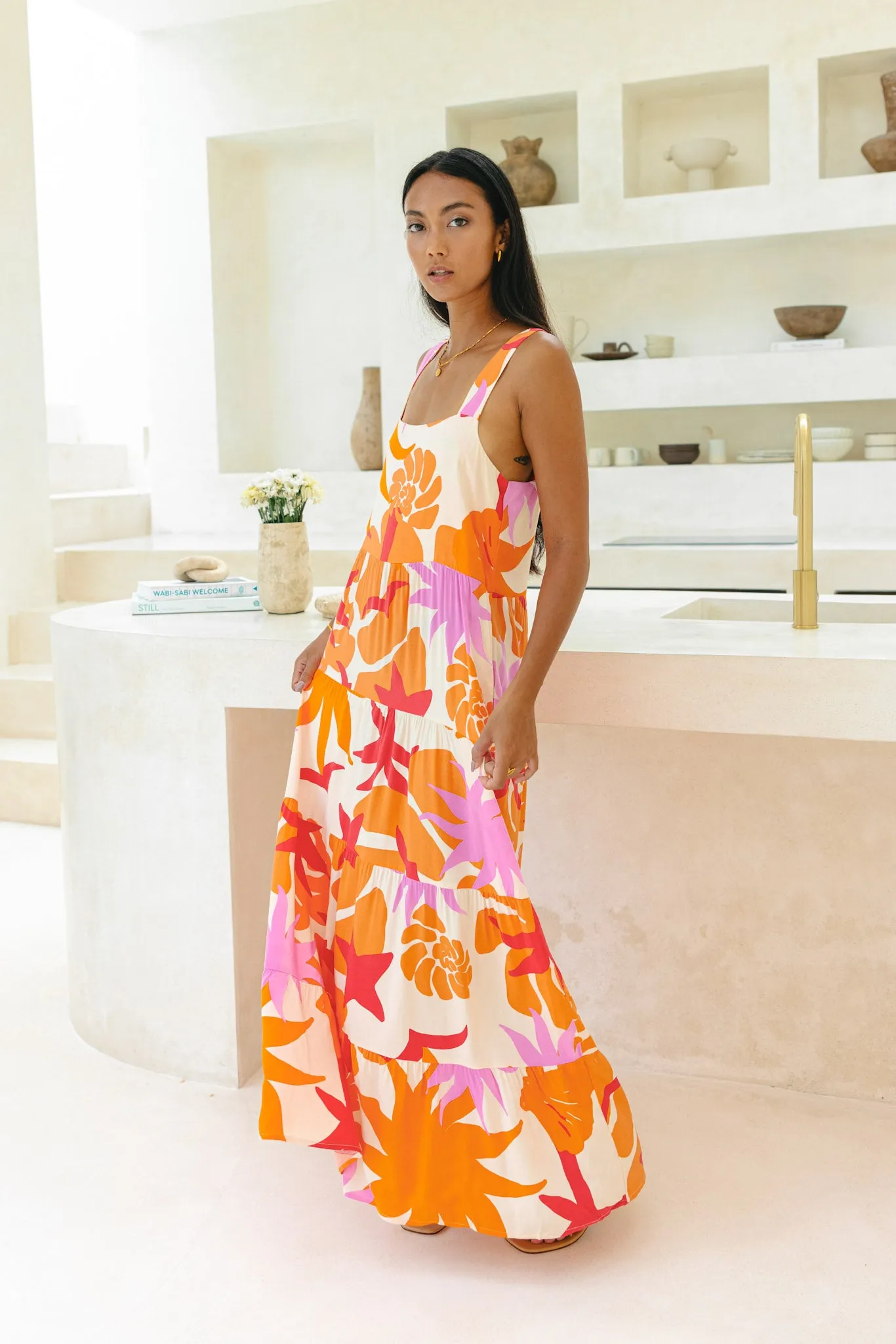 Calinda Orange Abstract Tiered Maxi Dress