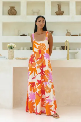 Calinda Orange Abstract Tiered Maxi Dress