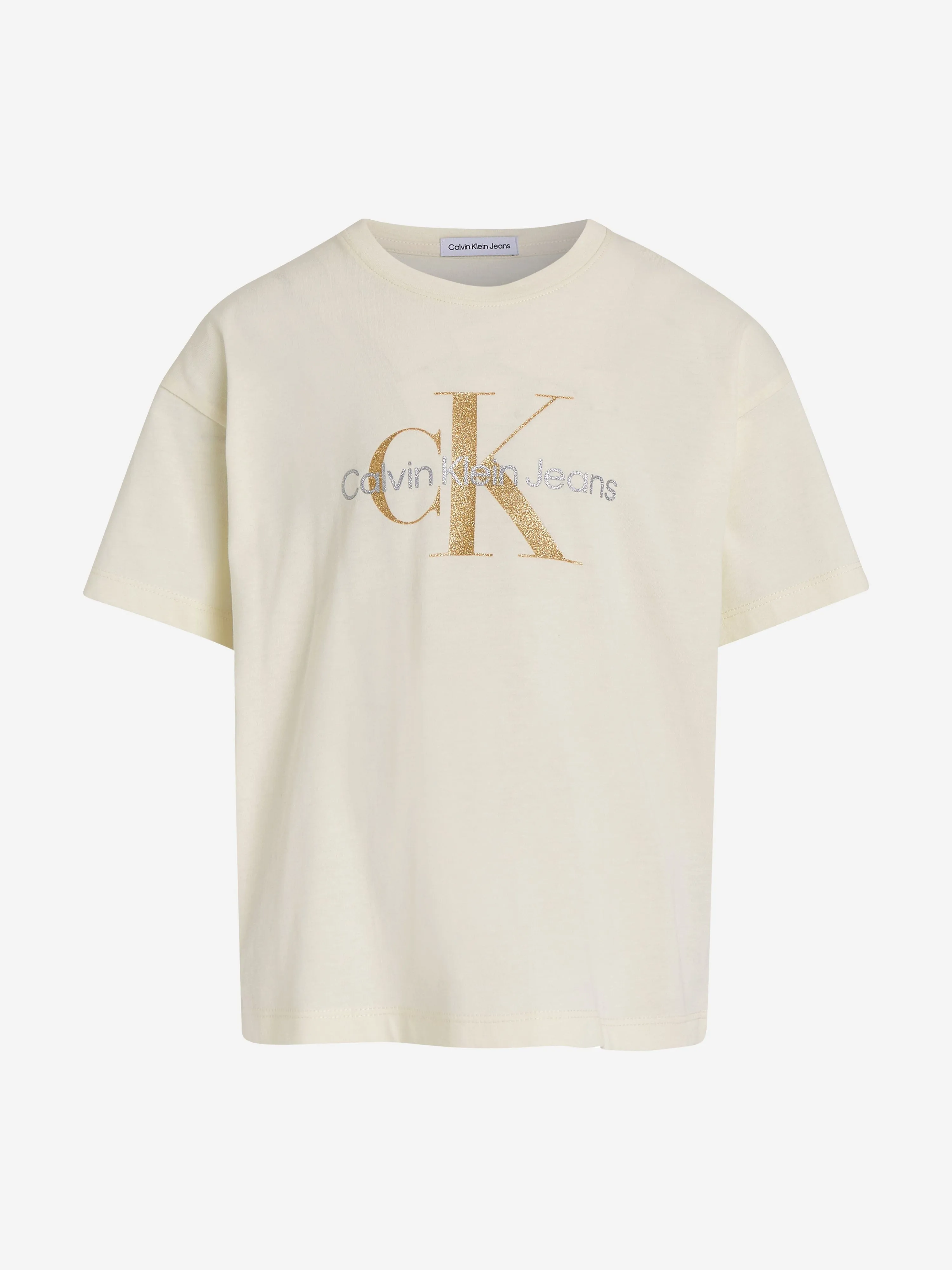 Calvin Klein Girls Glitter Monogram Boxy T-Shirt in Ivory