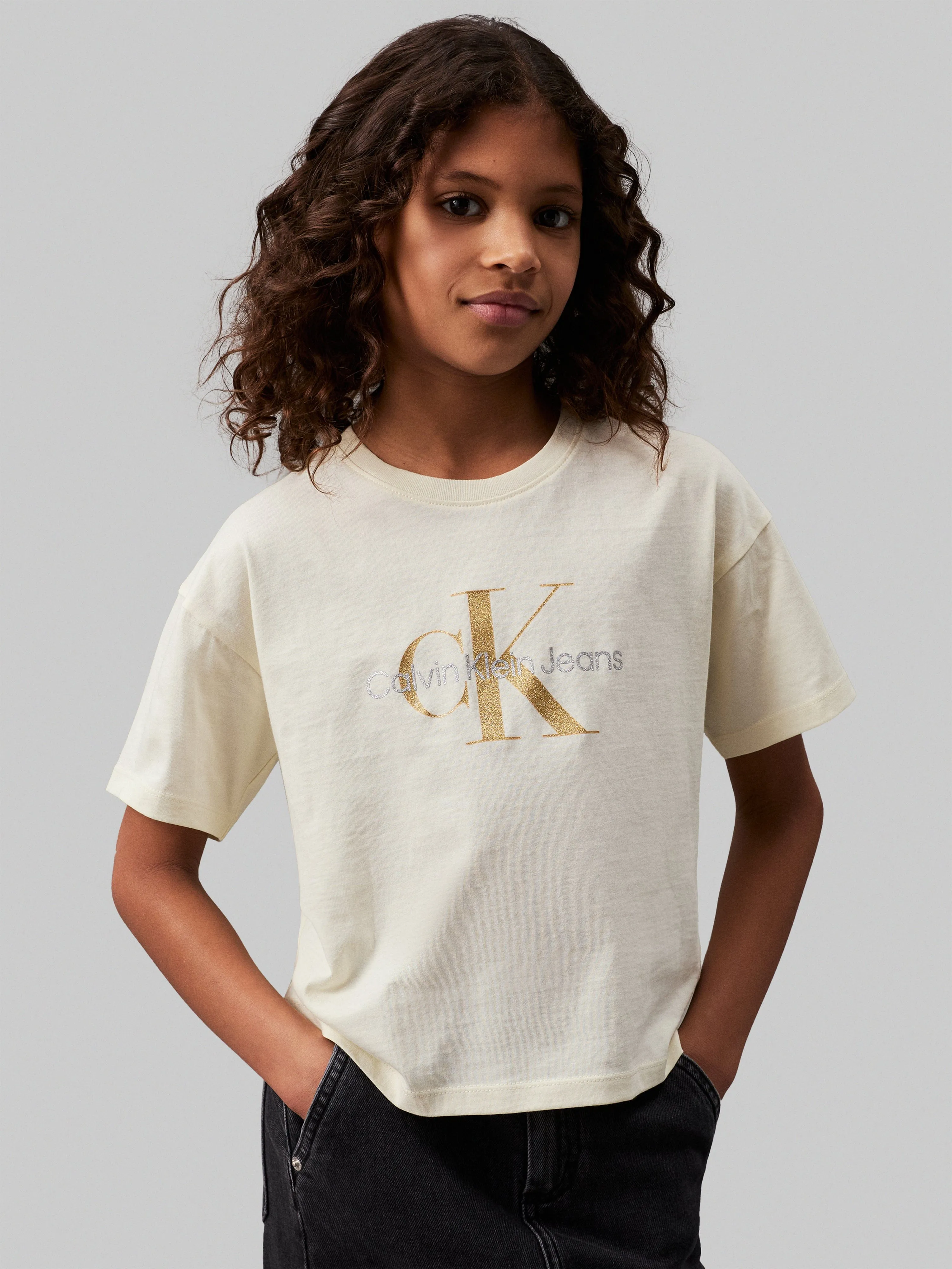 Calvin Klein Girls Glitter Monogram Boxy T-Shirt in Ivory