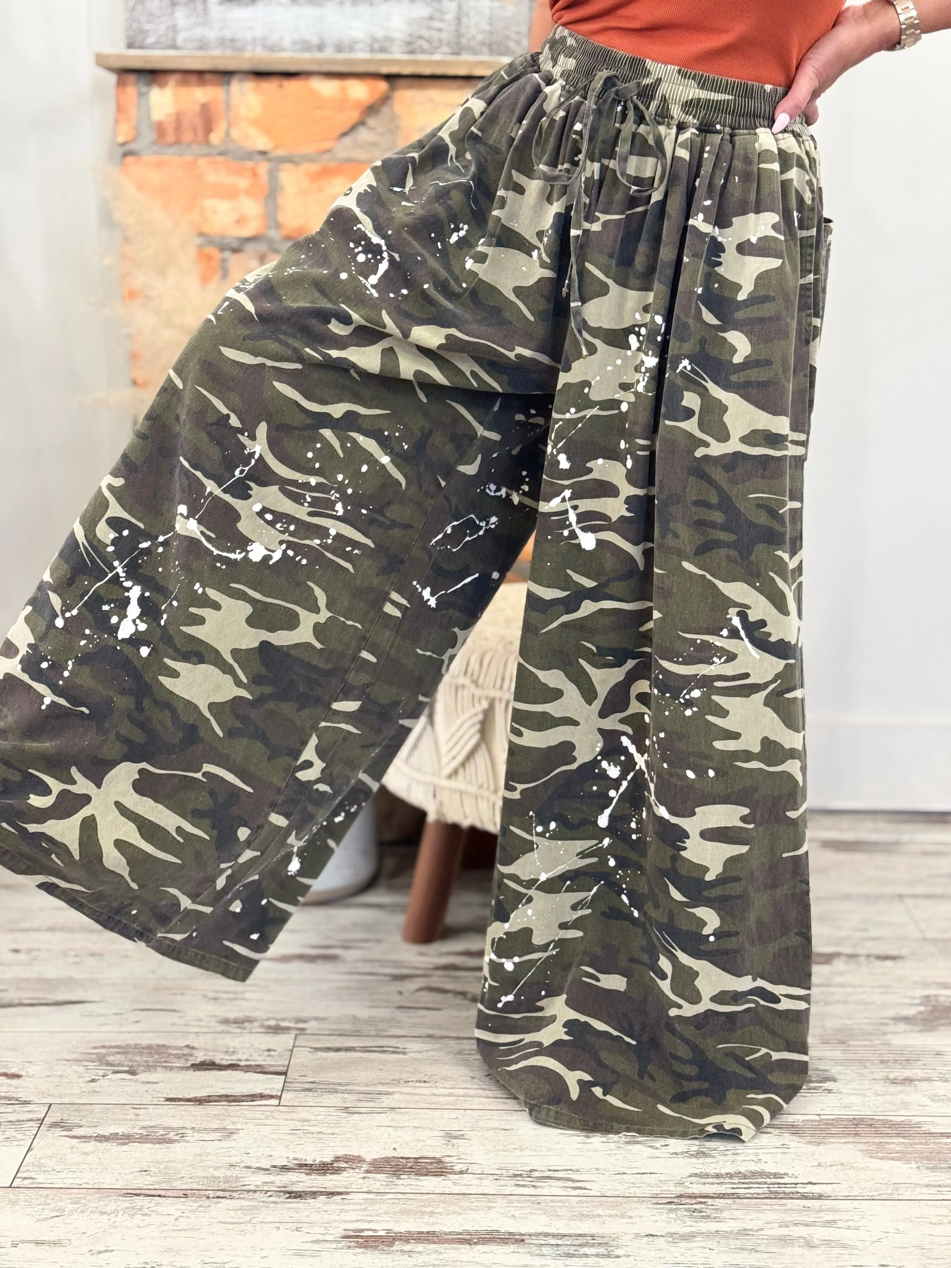 Camo Paint Splatter Wide Leg Pants