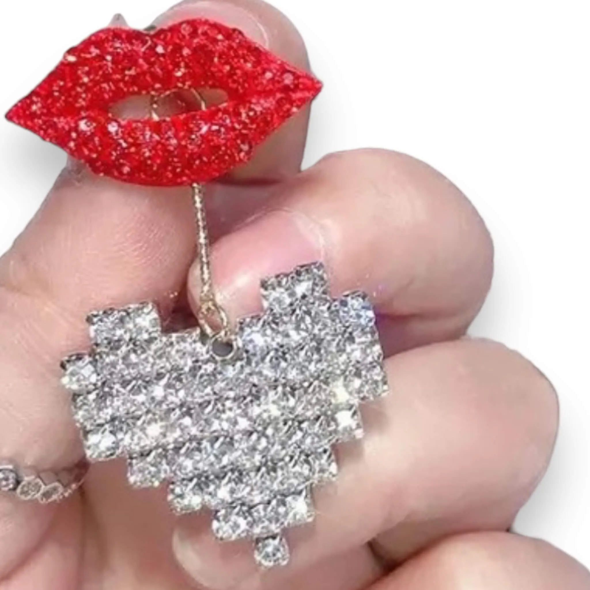 Candy Red Lips Hanging Crystal Heart Earrings