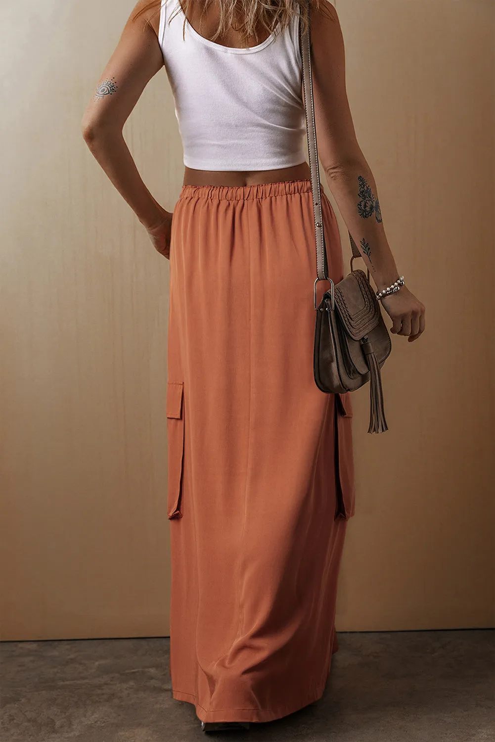 Cargo Drawstring Waist Maxi Skirt