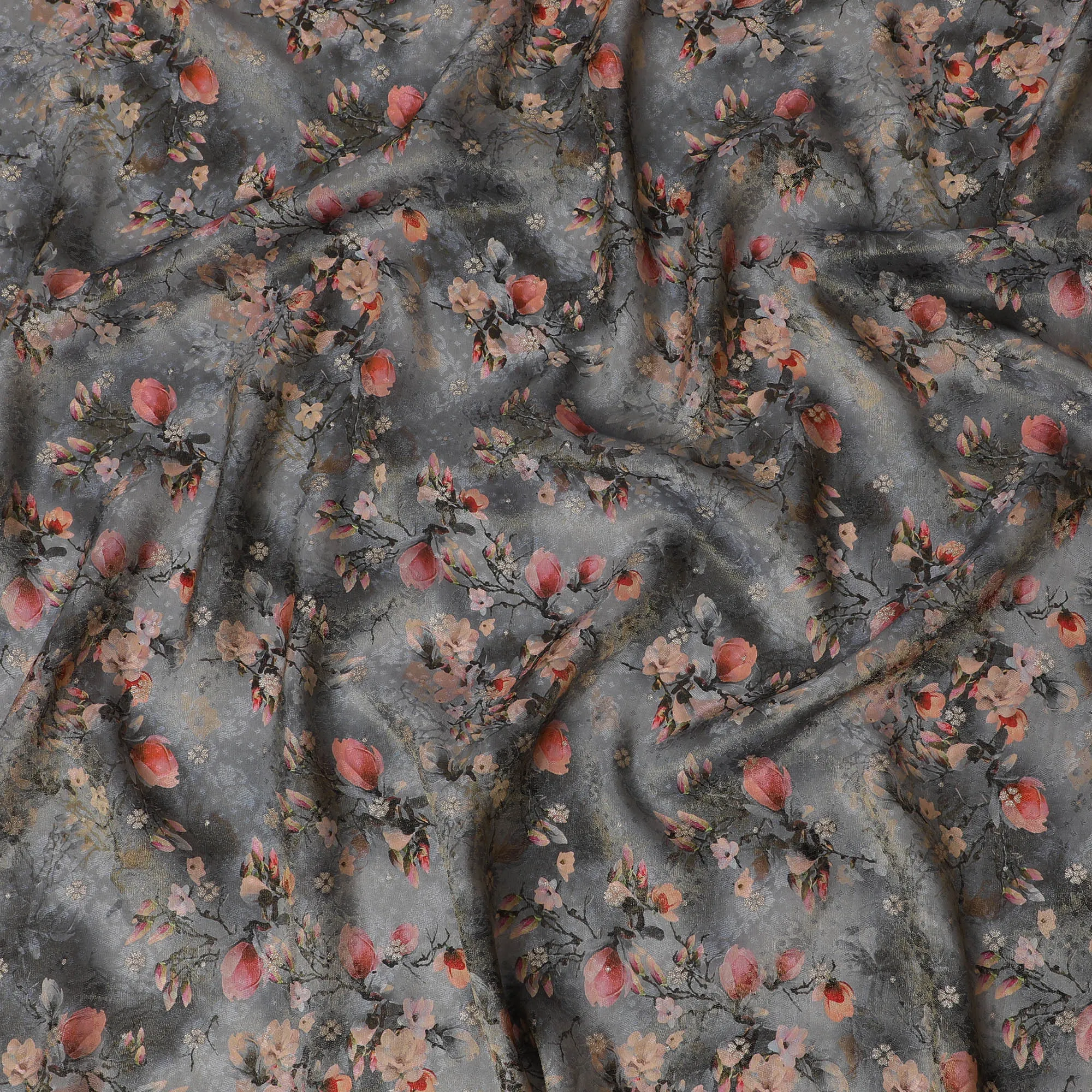 Charcoal Grey Viscose Fabric with Autumn Apple Blossom Print, 110 cm Wide-D19206