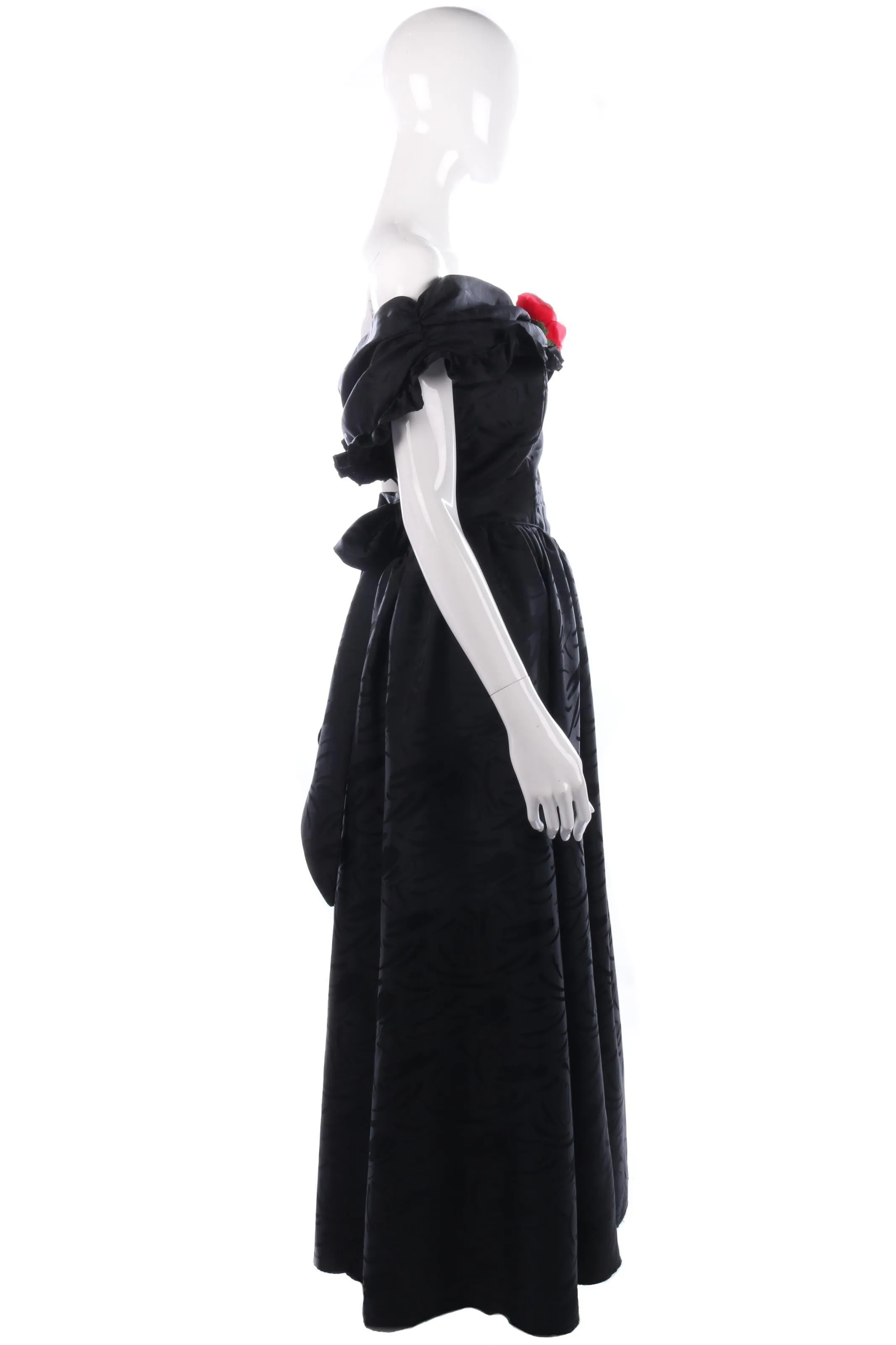 Classic black off shoulder ball gown with red rose