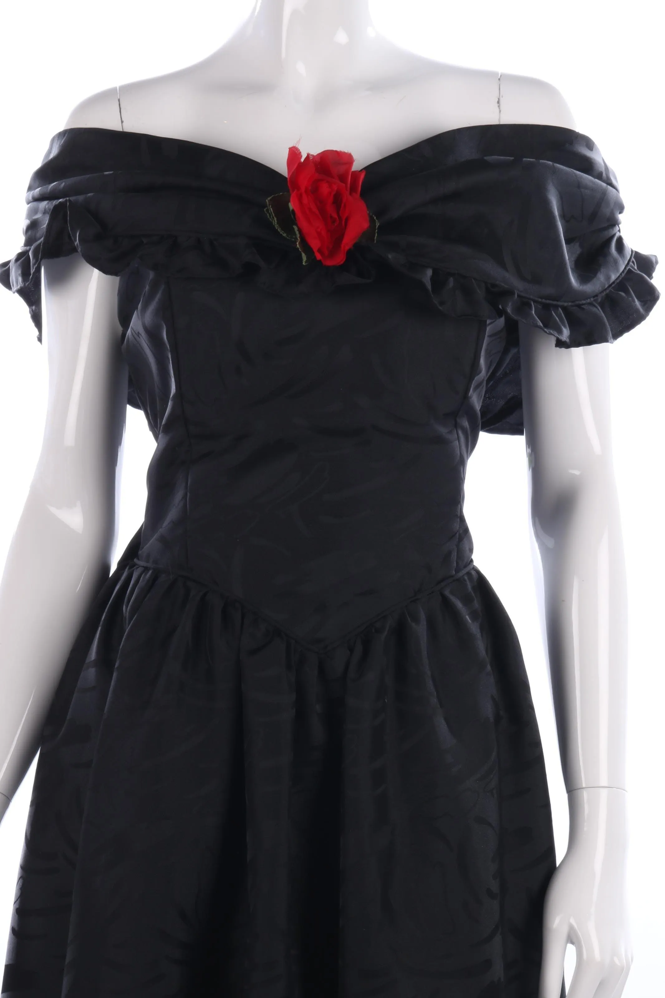 Classic black off shoulder ball gown with red rose