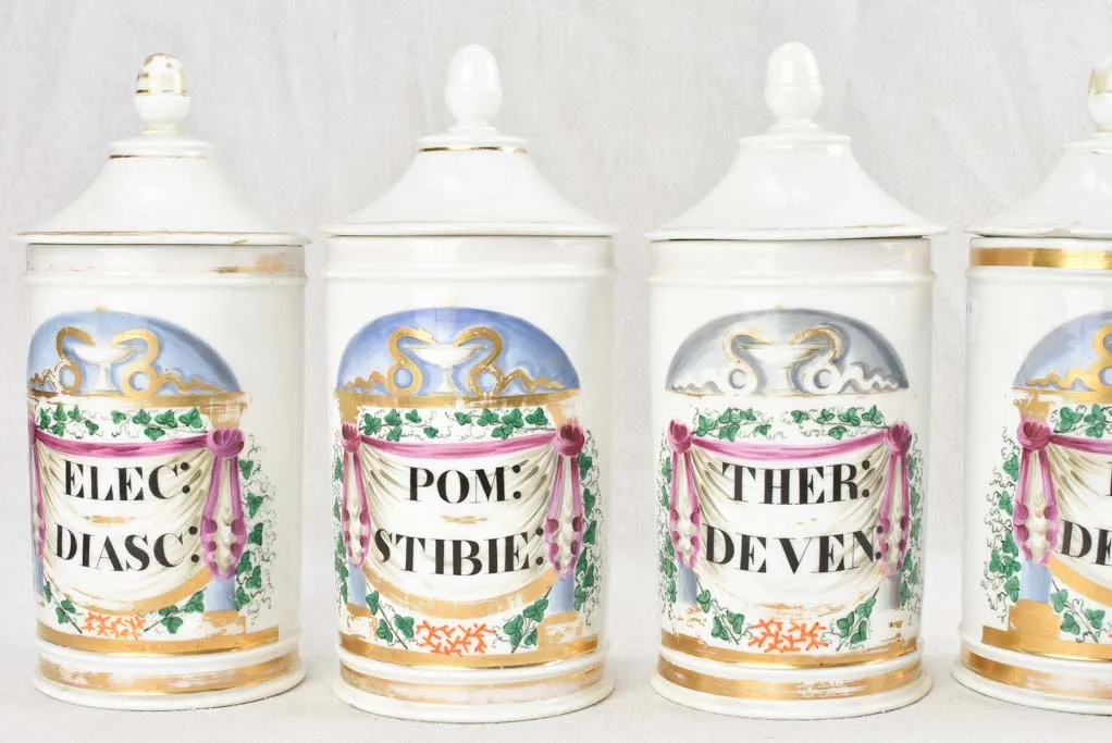 Collection of 6 antique French apothecary jars - porcelain 10¾"