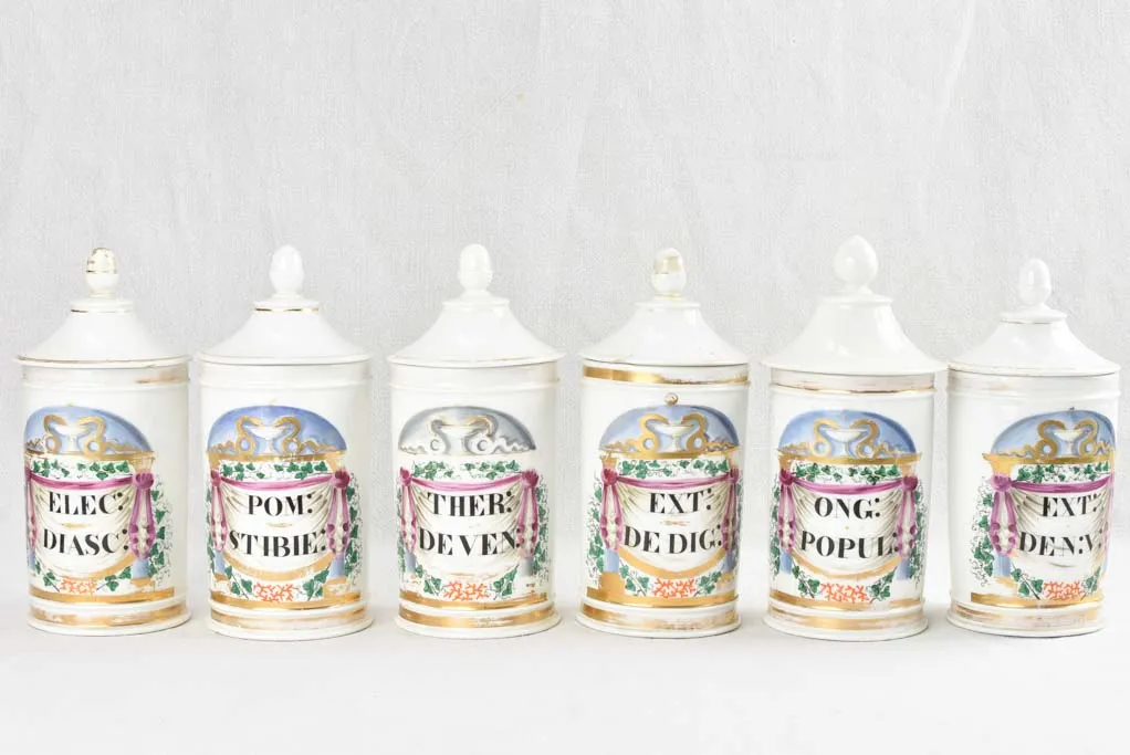 Collection of 6 antique French apothecary jars - porcelain 10¾"