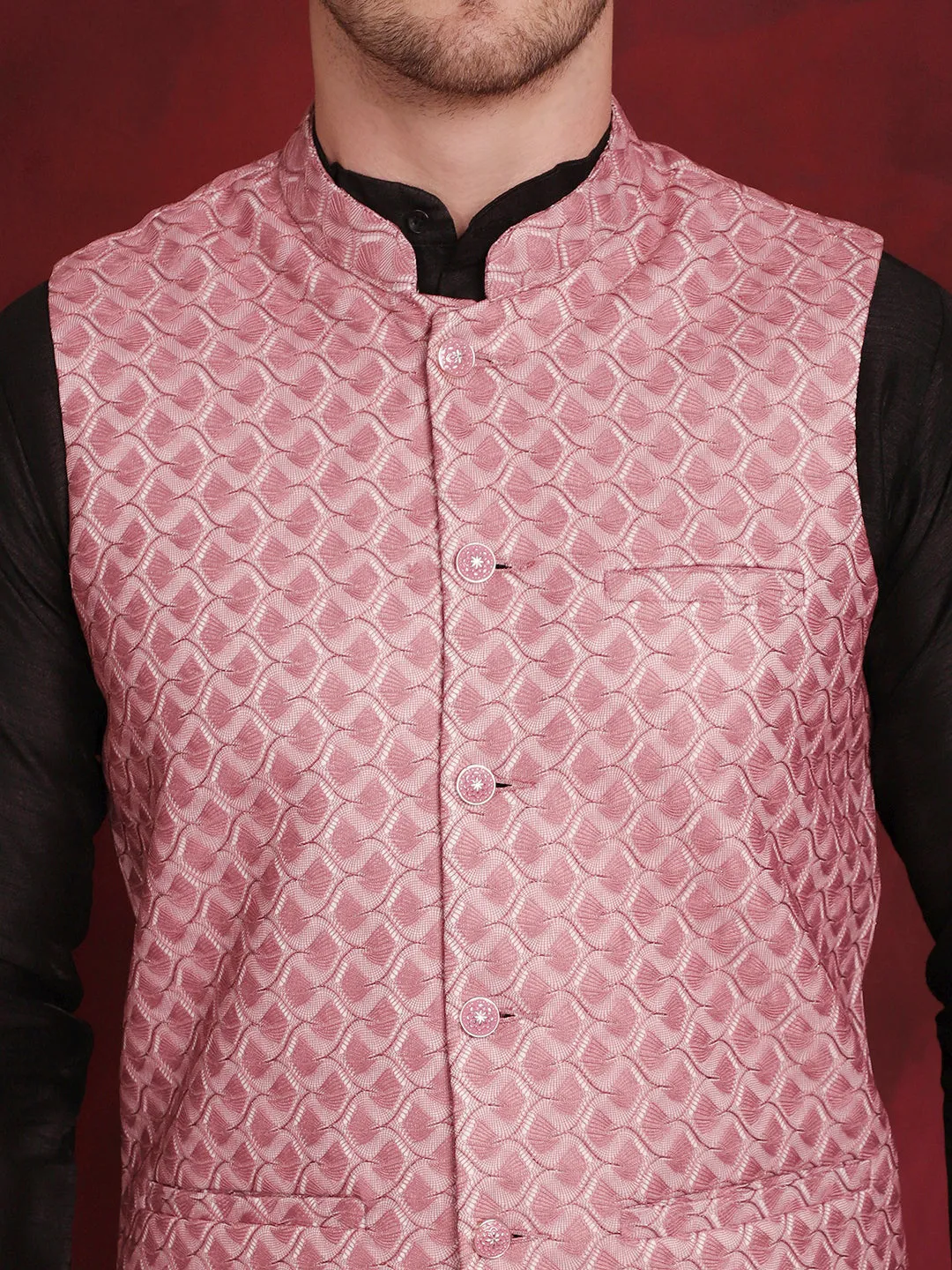 Coral Woven Design Nehru Jacket With Kurta Pyjama Set