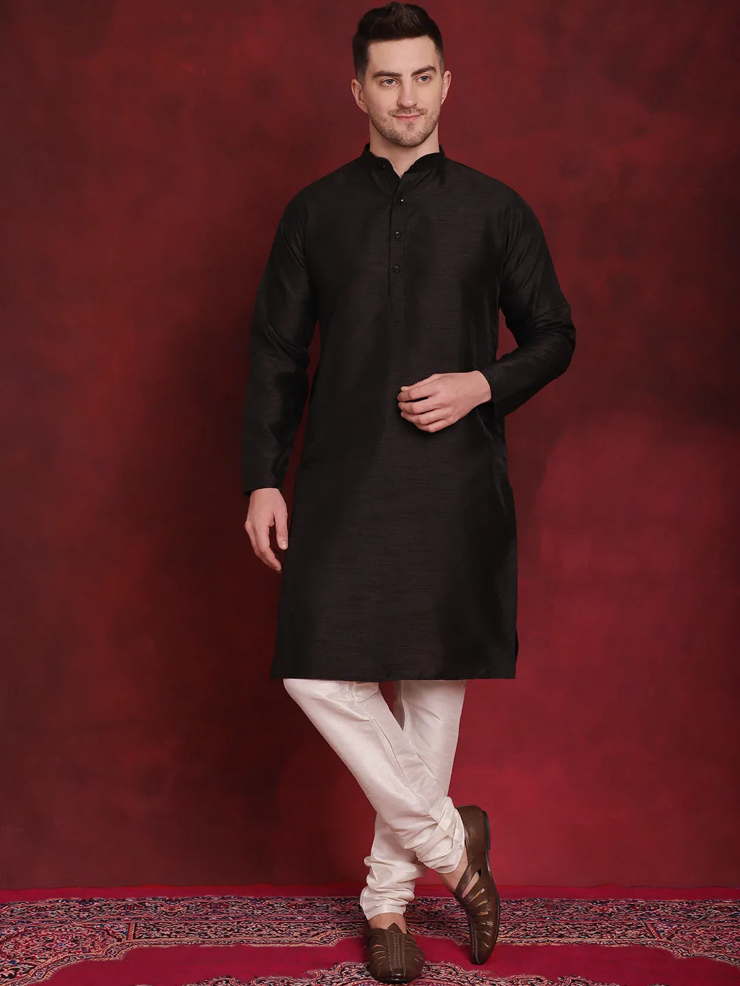 Coral Woven Design Nehru Jacket With Kurta Pyjama Set