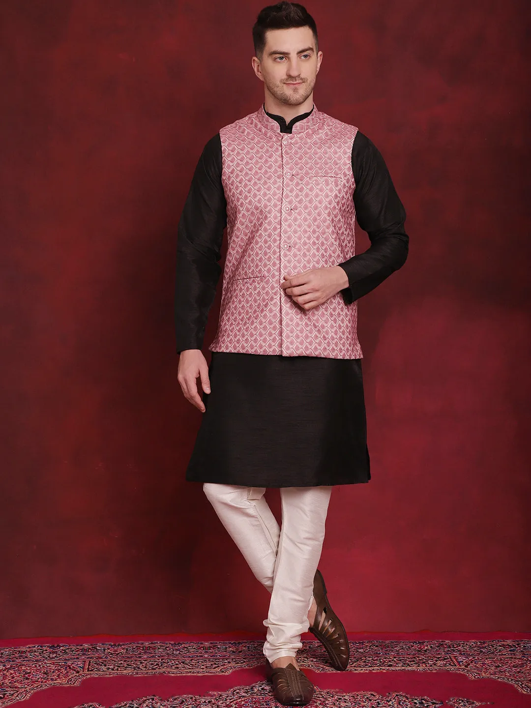 Coral Woven Design Nehru Jacket With Kurta Pyjama Set