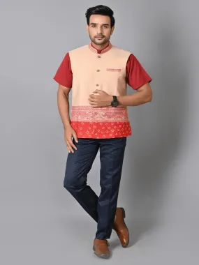 Cream Printed Men Nehru Jacket