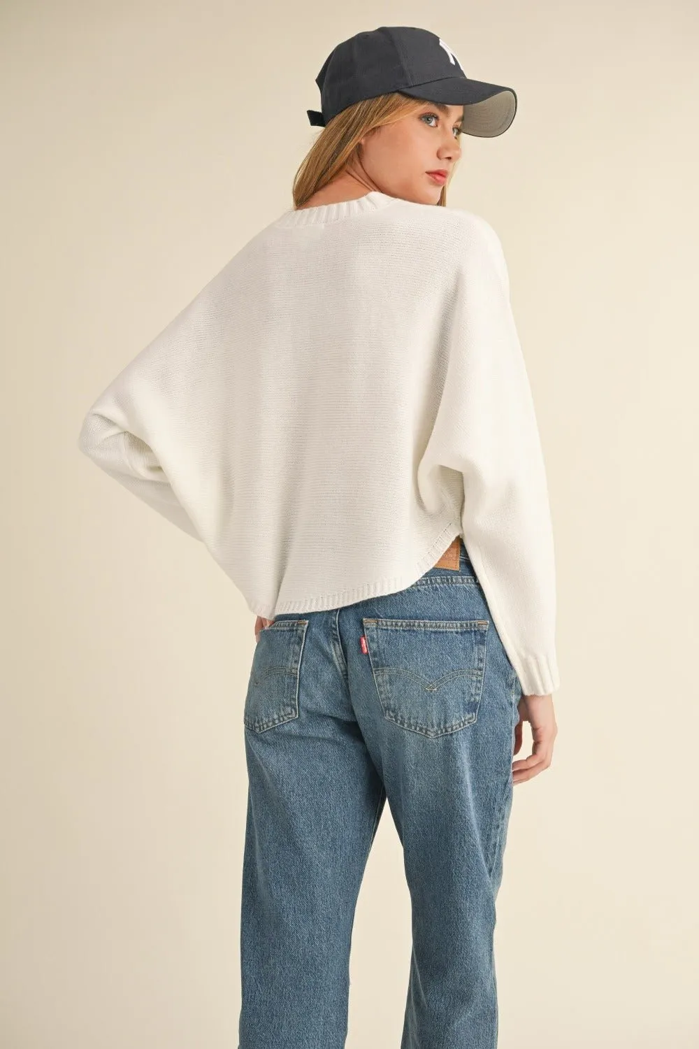 Crew Neck Dolman Sleeve Cropped Sweater in Off White